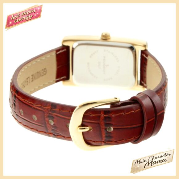 14K Gold Plated Rectangular Watch with Leather Band, Quartz Movement main image 4